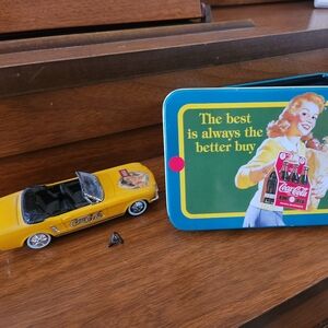 Coca Cola Yellow Diecast Car & Blue Retro Tin